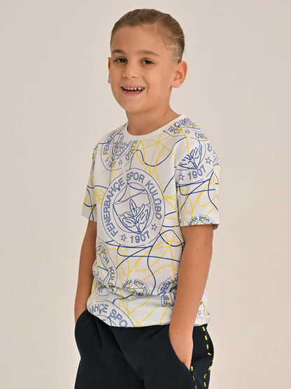Fenerbahçe Beyaz Tribün Logo Patternli Çocuk Tshirt
