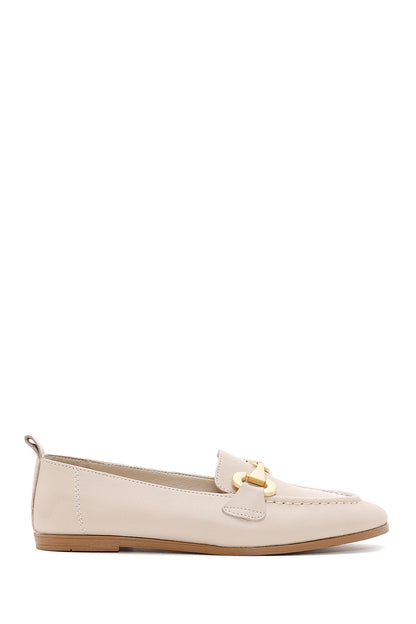 Kadın Bej Tokalı Deri Maskülen Loafer