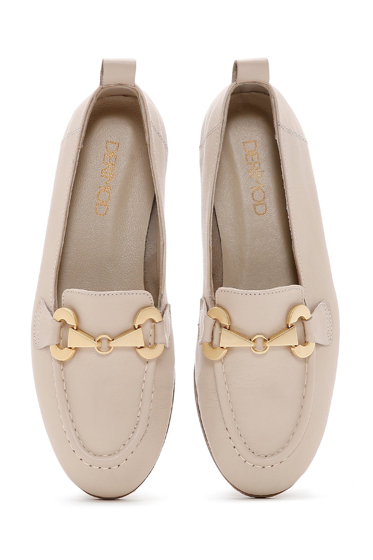 Kadın Bej Tokalı Deri Maskülen Loafer