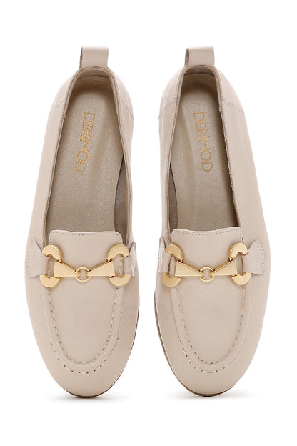 Kadın Bej Tokalı Deri Maskülen Loafer