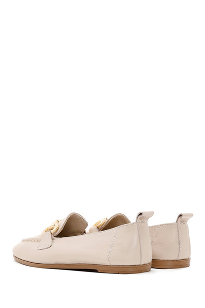 Kadın Bej Tokalı Deri Maskülen Loafer