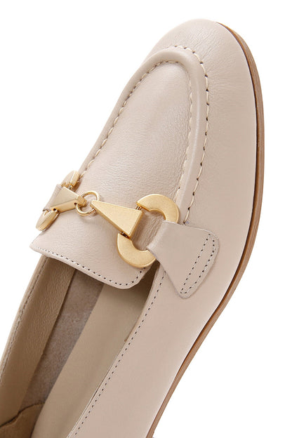 Kadın Bej Tokalı Deri Maskülen Loafer