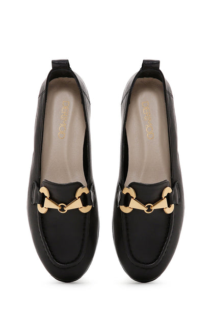 Kadın Siyah Tokalı Deri Maskülen Loafer