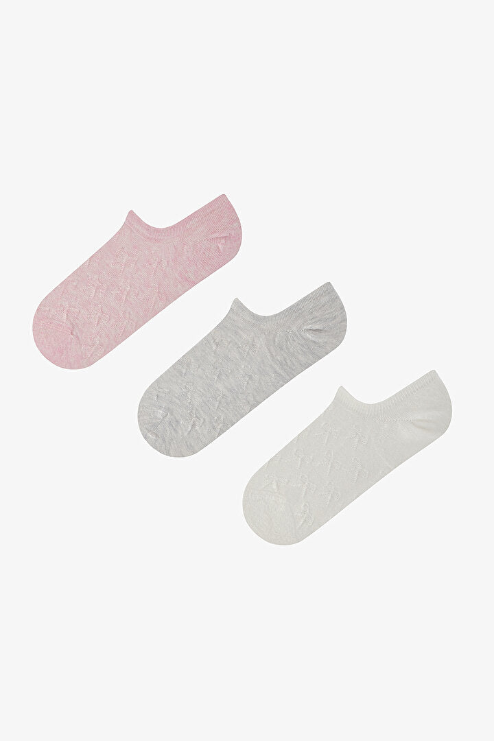 3 Çift Burun Dikişsiz Pamuklu Renkli Kendinden Fiyonk Desenli Sneaker Çorap
