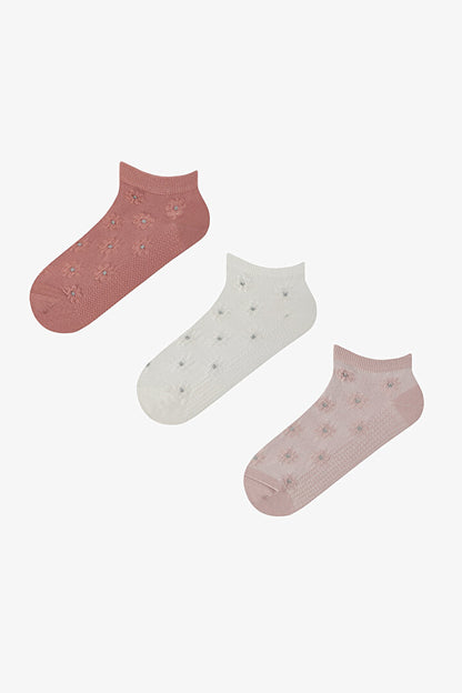 3 Çift Pamuklu Kabartma Çiçek Desenli Patik Çorap