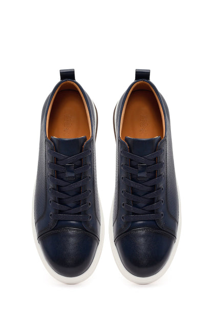 Erkek Lacivert Bağcıklı Deri Sneaker