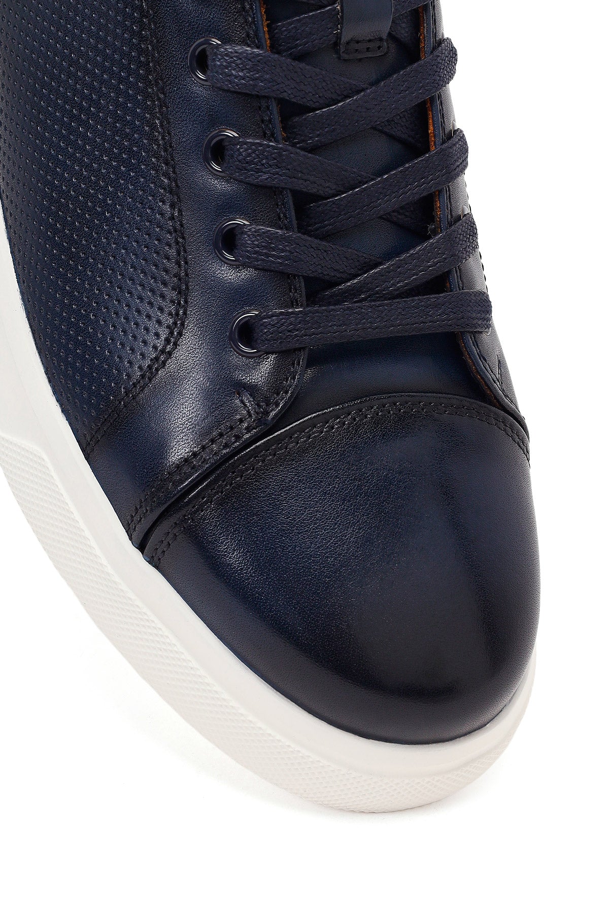 Erkek Lacivert Bağcıklı Deri Sneaker