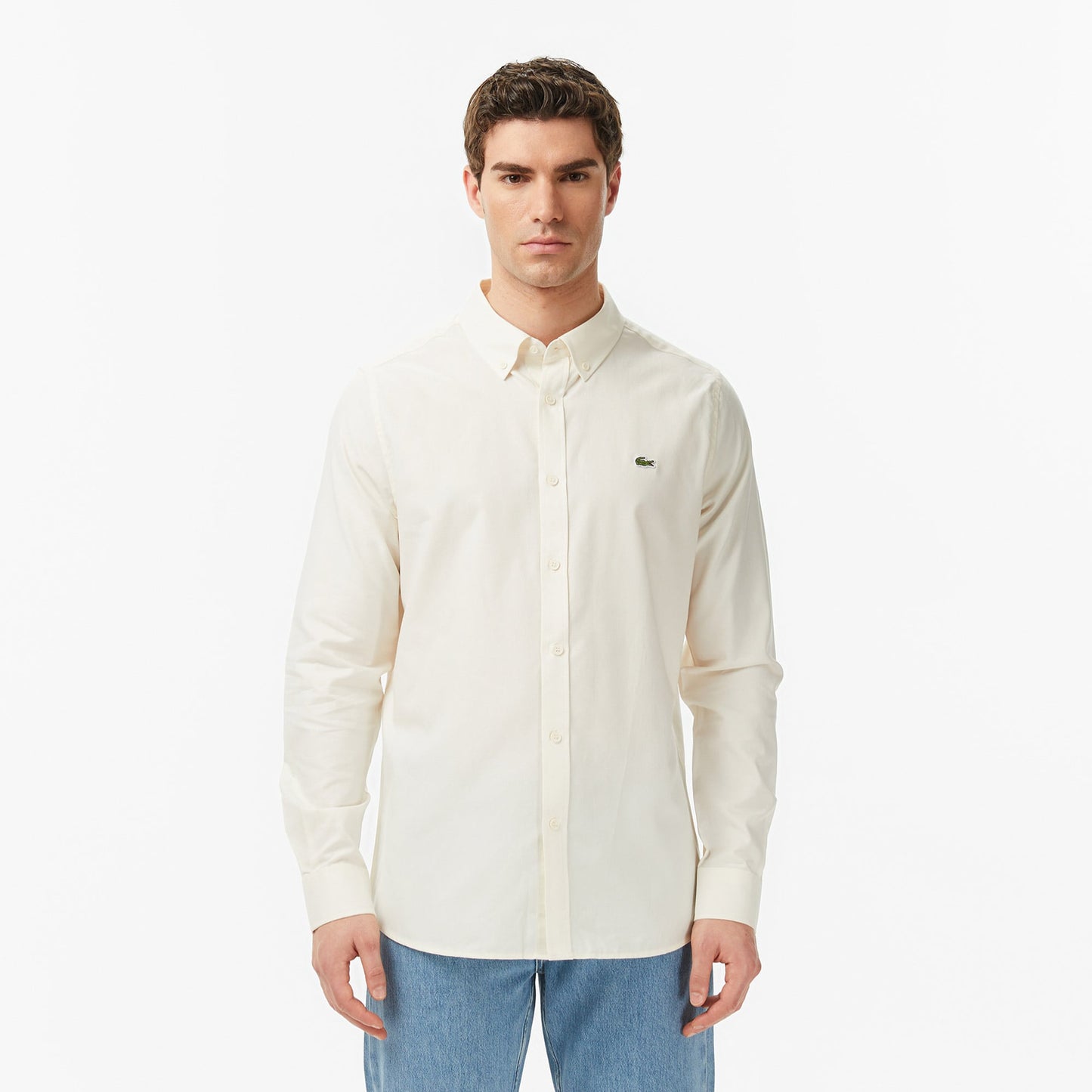 Erkek Slim Fit Düğmeli Yaka Bej Gömlek