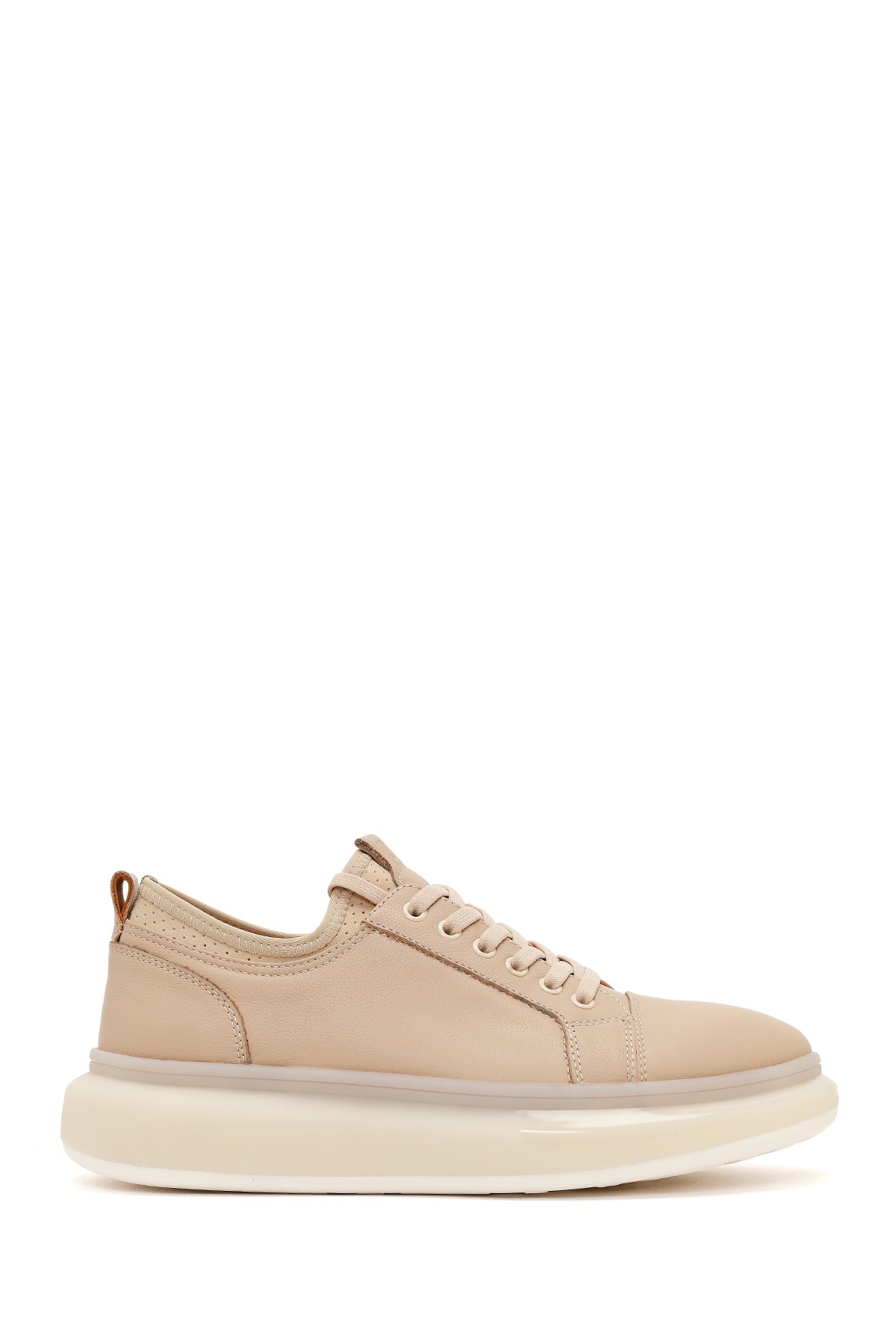 Erkek Bej Bağcıklı Kalın Tabanlı Deri Sneaker