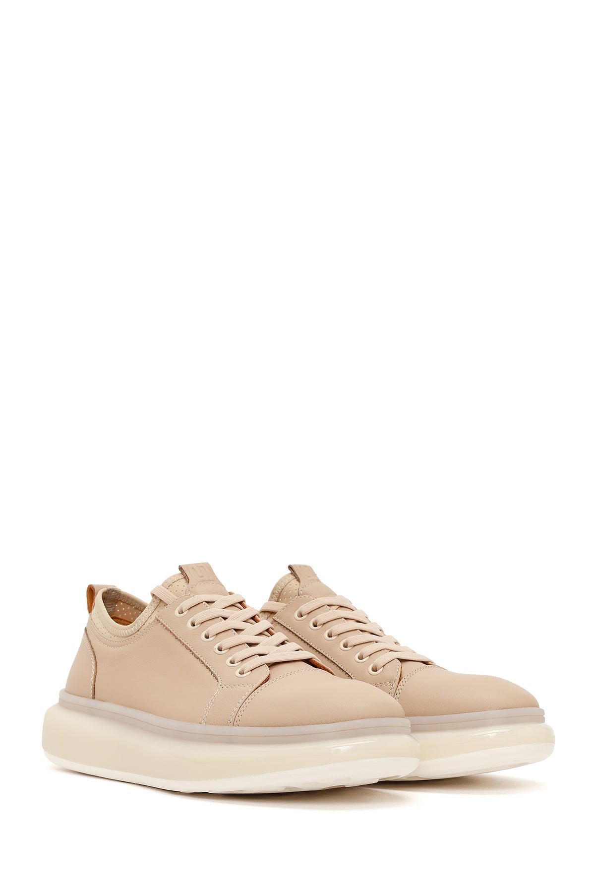 Erkek Bej Bağcıklı Kalın Tabanlı Deri Sneaker