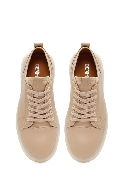 Erkek Bej Bağcıklı Kalın Tabanlı Deri Sneaker