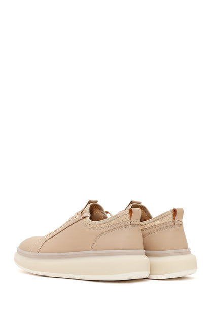 Erkek Bej Bağcıklı Kalın Tabanlı Deri Sneaker