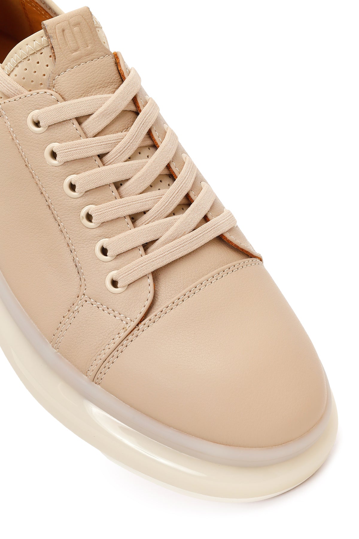 Erkek Bej Bağcıklı Kalın Tabanlı Deri Sneaker