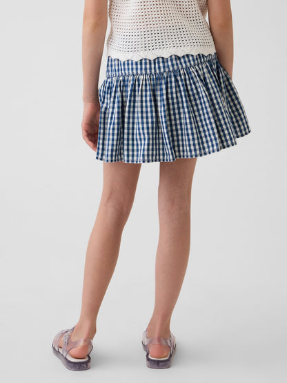 Mavi Gingham Denim Katmanlı Şort Etek