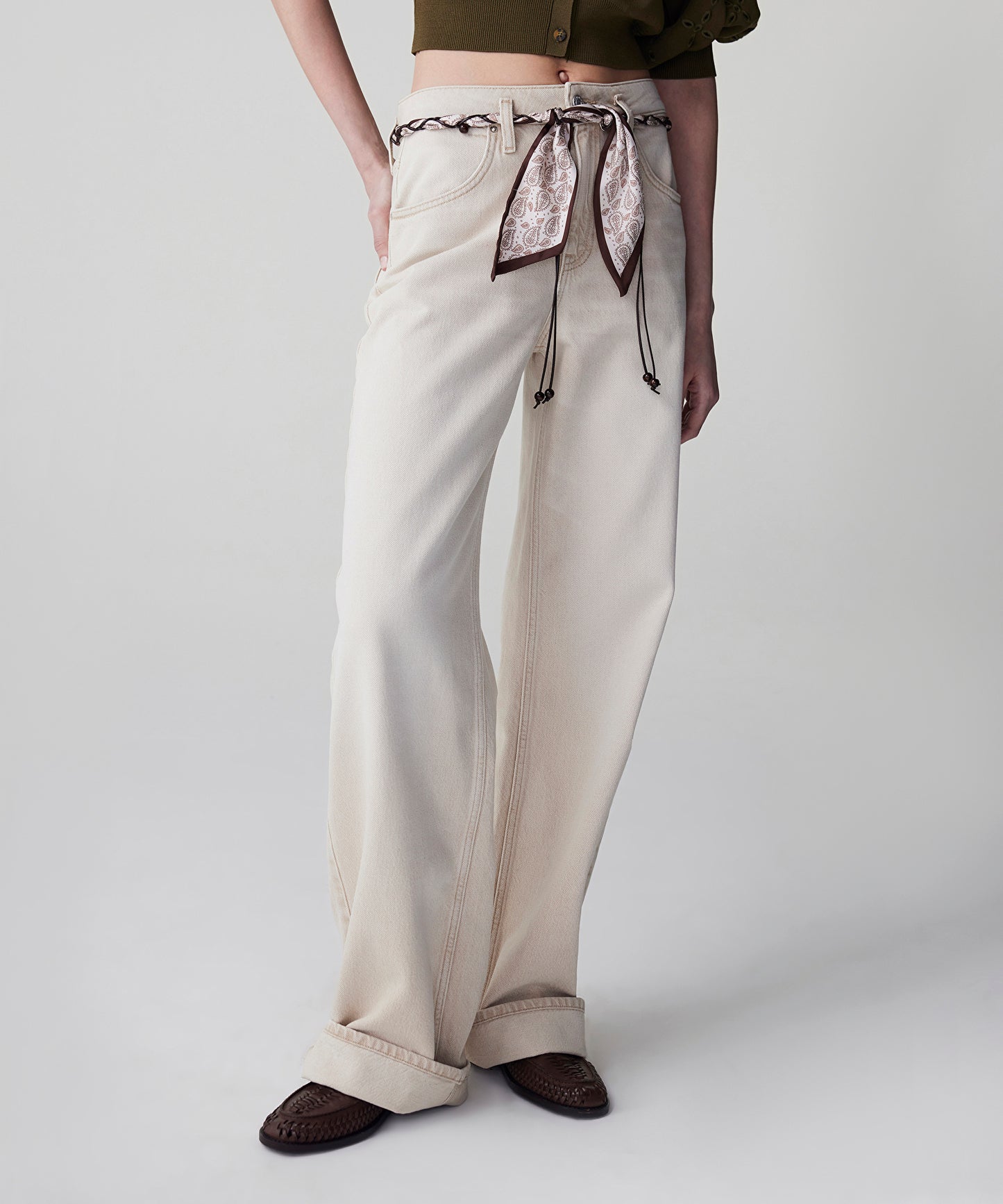 Fular Kemerli Wide Leg Jean Pantolon
