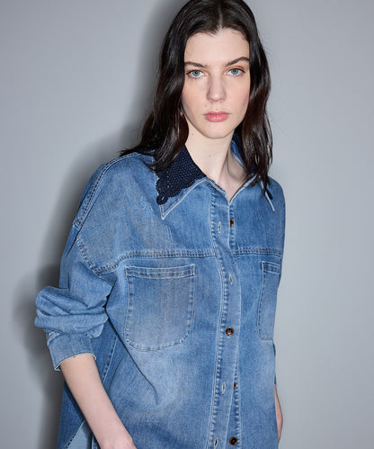 Kroşe Yakalı Denim Gömlek