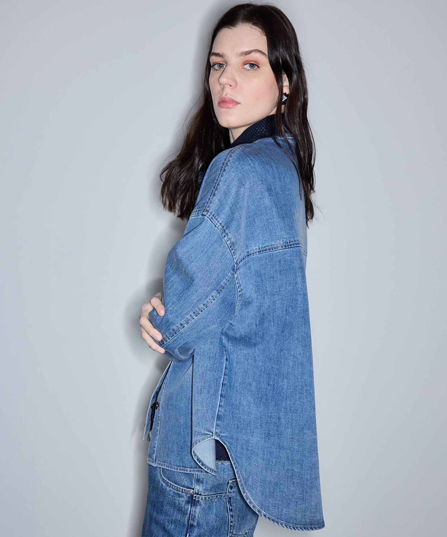 Kroşe Yakalı Denim Gömlek