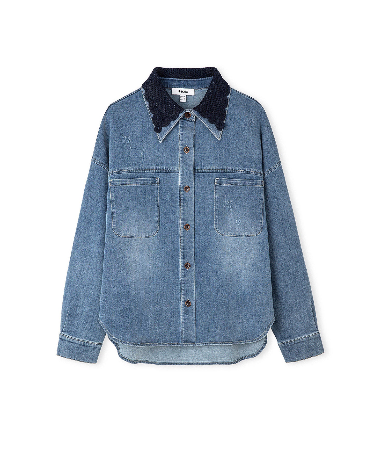 Kroşe Yakalı Denim Gömlek