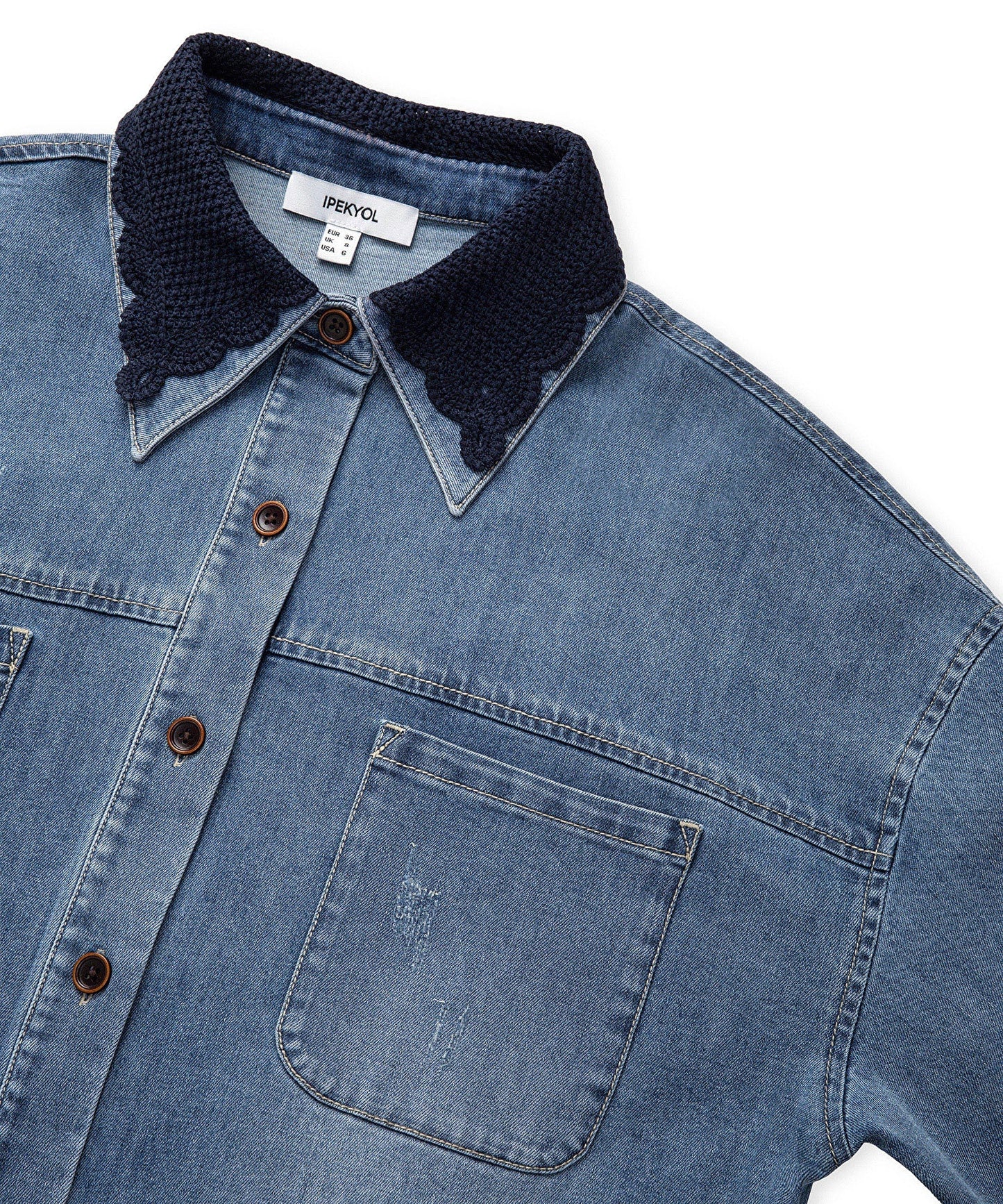 Kroşe Yakalı Denim Gömlek