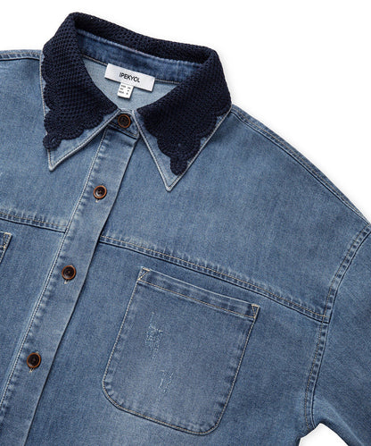 Kroşe Yakalı Denim Gömlek