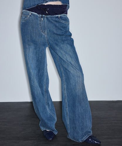 Kontrast Elastik Bel Jean Pantolon
