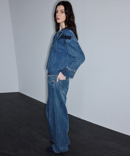 Kontrast Elastik Bel Jean Pantolon