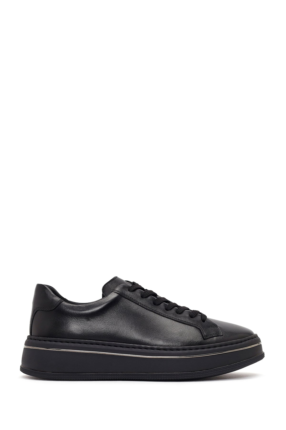 Erkek Siyah Bağcıklı Kalın Tabanlı Deri Sneaker