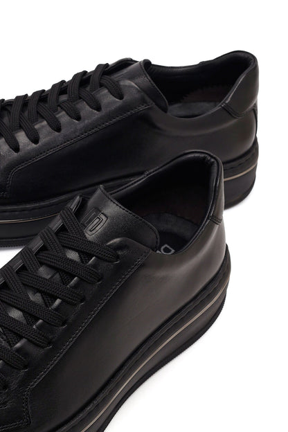Erkek Siyah Bağcıklı Kalın Tabanlı Deri Sneaker