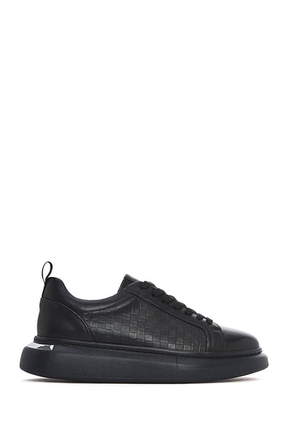 Erkek Siyah Bağcıklı Kalın Tabanlı Deri Sneaker