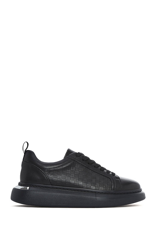 Erkek Siyah Bağcıklı Kalın Tabanlı Deri Sneaker