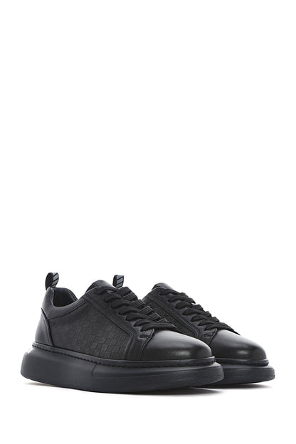 Erkek Siyah Bağcıklı Kalın Tabanlı Deri Sneaker