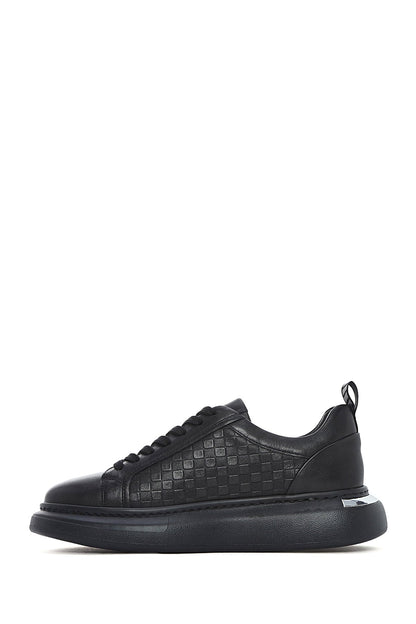 Erkek Siyah Bağcıklı Kalın Tabanlı Deri Sneaker