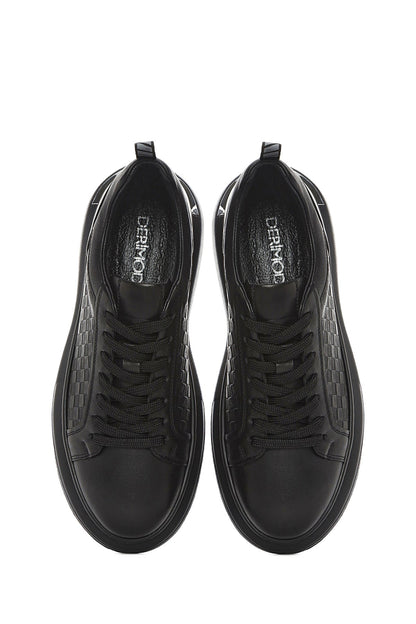 Erkek Siyah Bağcıklı Kalın Tabanlı Deri Sneaker