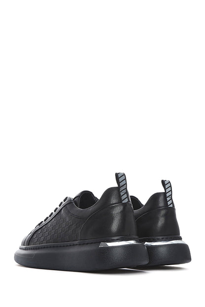 Erkek Siyah Bağcıklı Kalın Tabanlı Deri Sneaker