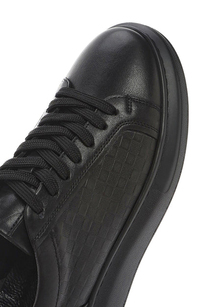 Erkek Siyah Bağcıklı Kalın Tabanlı Deri Sneaker