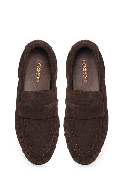 Kadın Kahverengi Süet Deri Maskülen Loafer