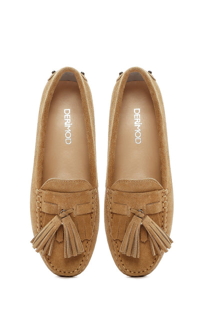 Kadın Camel Püsküllü Süet Deri Loafer