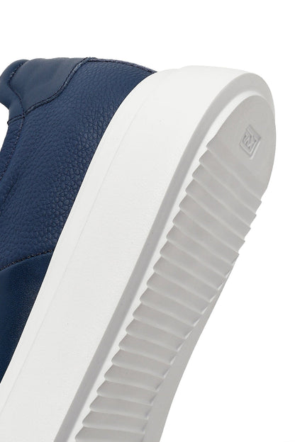 Erkek Lacivert Bağcıklı Kalın Tabanlı Deri Sneaker