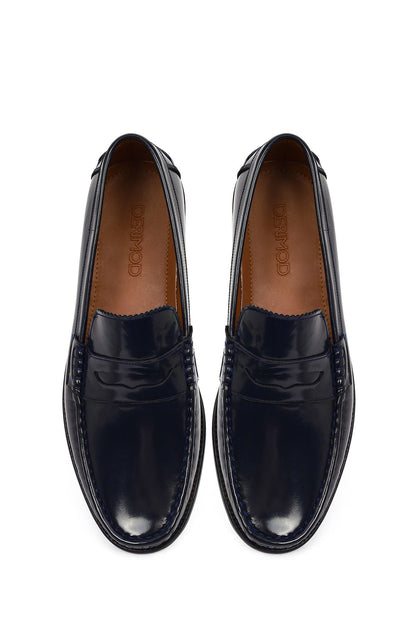 Erkek Lacivert Deri Klasik Loafer