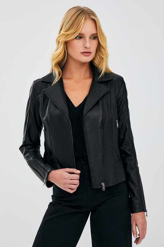 Kiara Kadın Siyah Slim-fit Biker Deri Ceket
