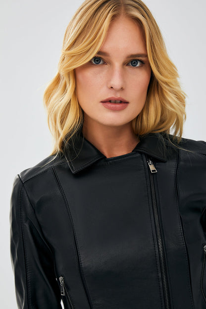 Kiara Kadın Siyah Slim-fit Biker Deri Ceket