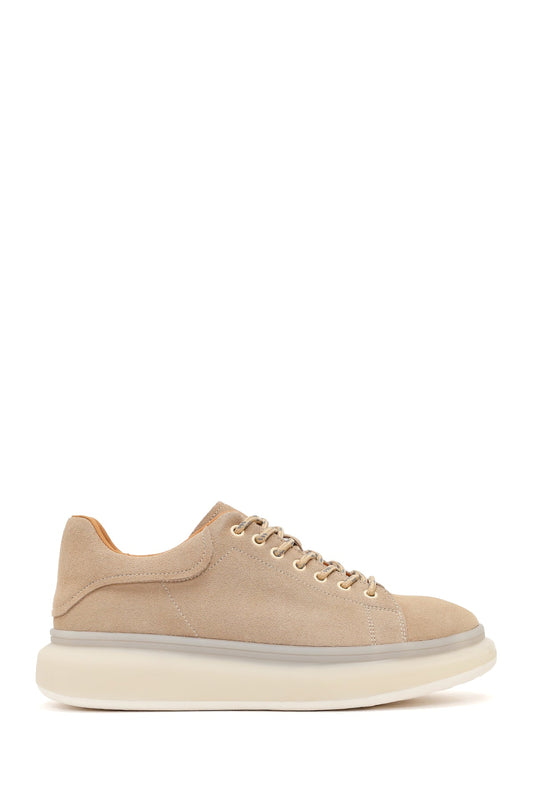 Erkek Bej Bağcıklı Kalın Tabanlı Süet Deri Sneaker