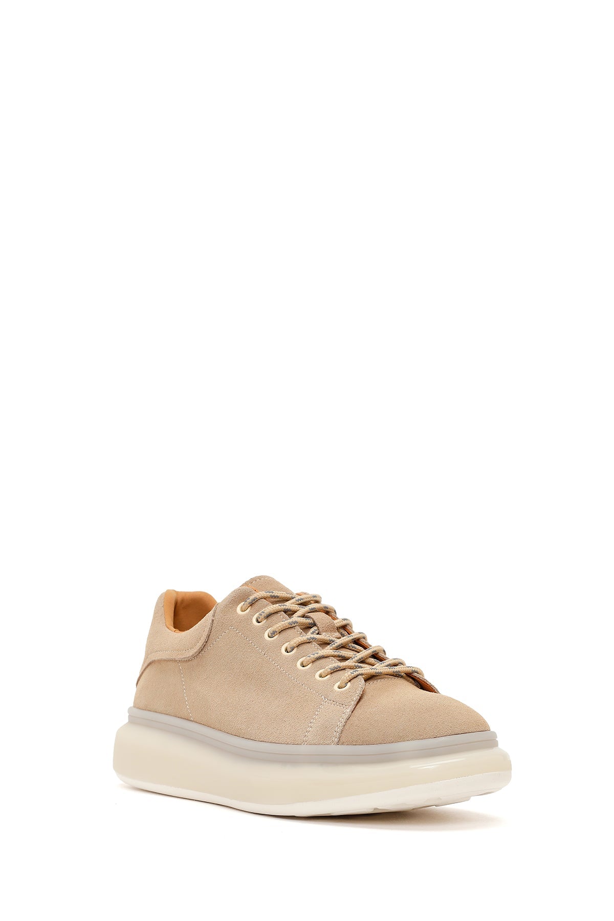 Erkek Bej Bağcıklı Kalın Tabanlı Süet Deri Sneaker