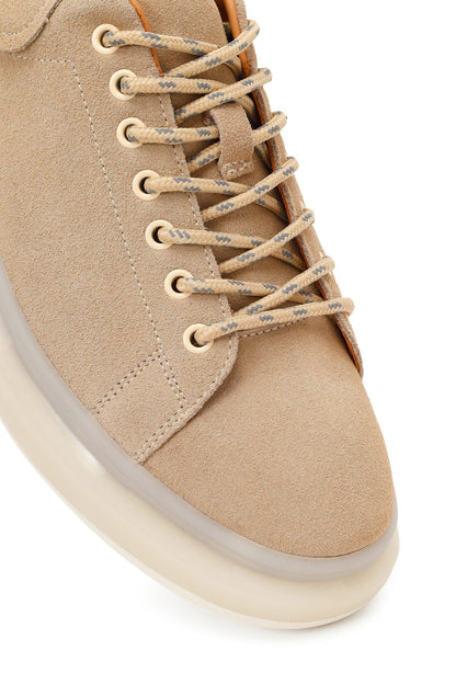 Erkek Bej Bağcıklı Kalın Tabanlı Süet Deri Sneaker