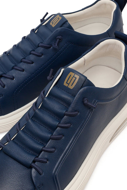 Erkek Lacivert Bağcıklı Deri Sneaker