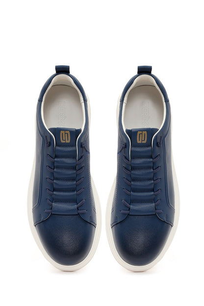 Erkek Lacivert Bağcıklı Deri Sneaker