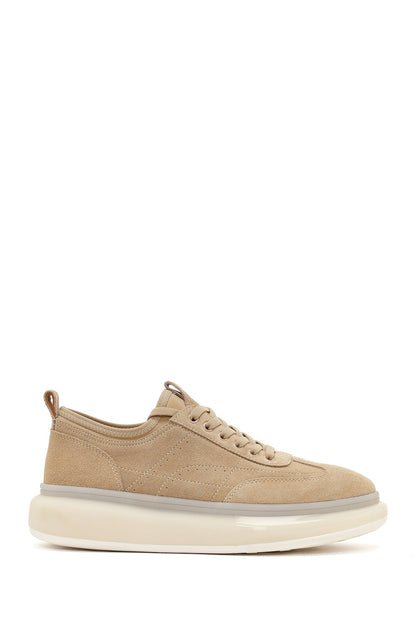 Erkek Bej Bağcıklı Kalın Tabanlı Süet Deri Sneaker