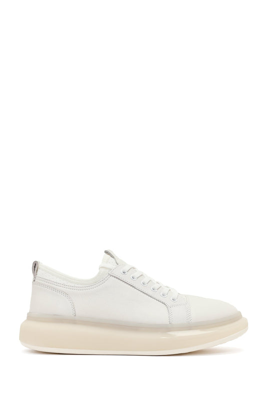 Erkek Beyaz Bağcıklı Kalın Tabanlı Deri Sneaker