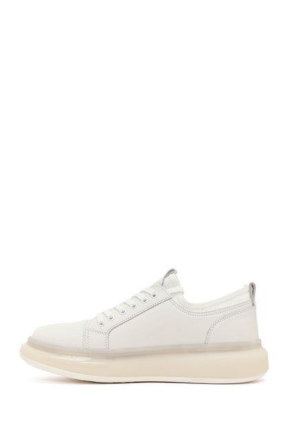 Erkek Beyaz Bağcıklı Kalın Tabanlı Deri Sneaker