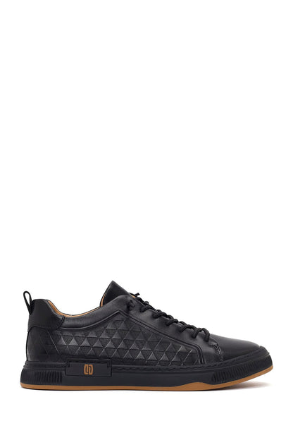 Erkek Siyah Bağcıklı Baskılı Deri Sneaker